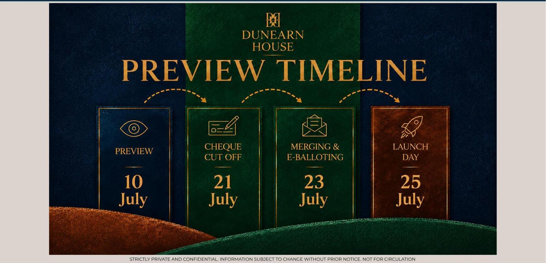 Preview timeline — 10 July Preview, 21 July Cheque Cut Off, 23 July Merging & E-Balloting, 25 July Launch Day