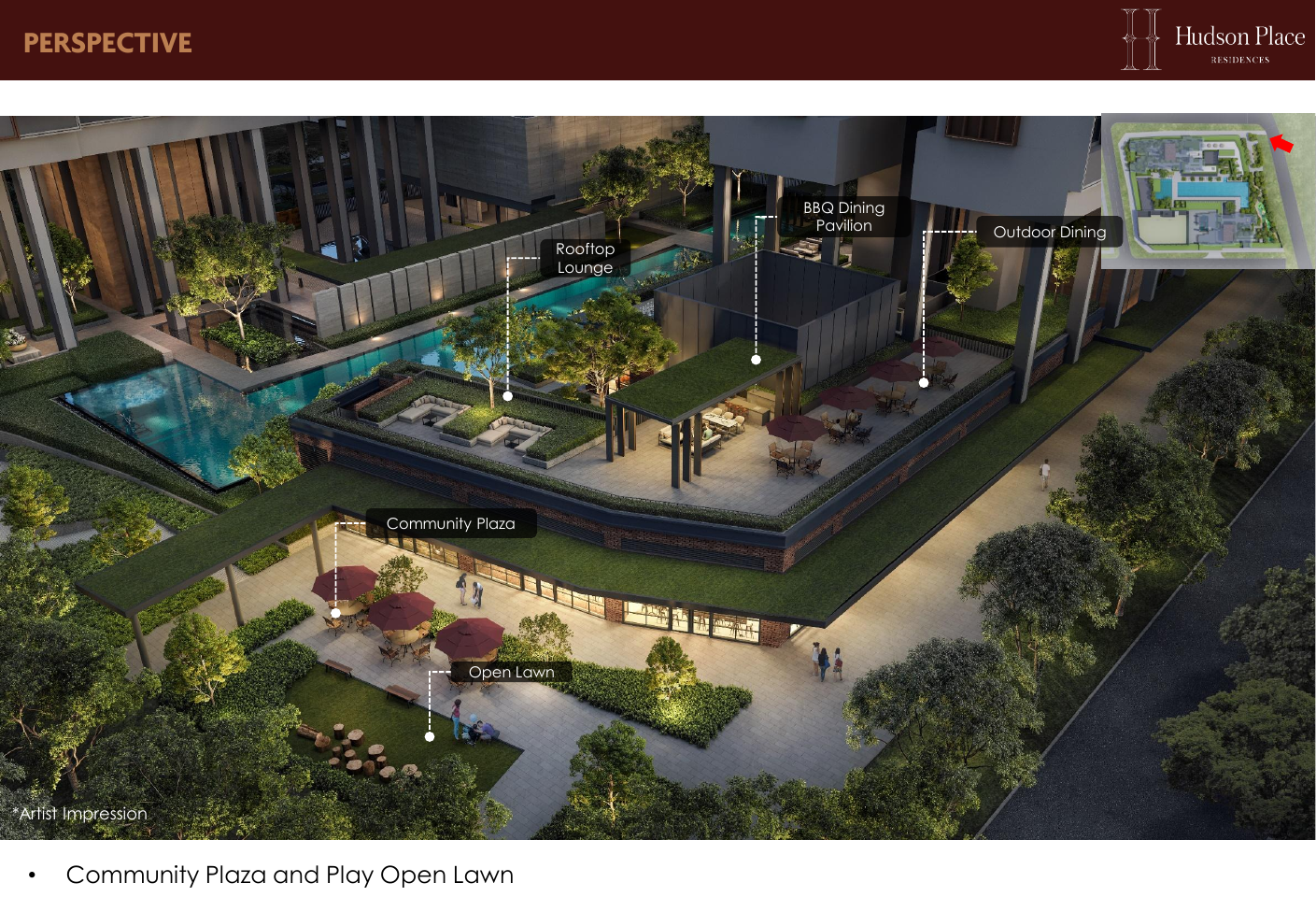 Community Plaza, BBQ Dining Pavilion, Outdoor Dining and Open Lawn aerial perspective