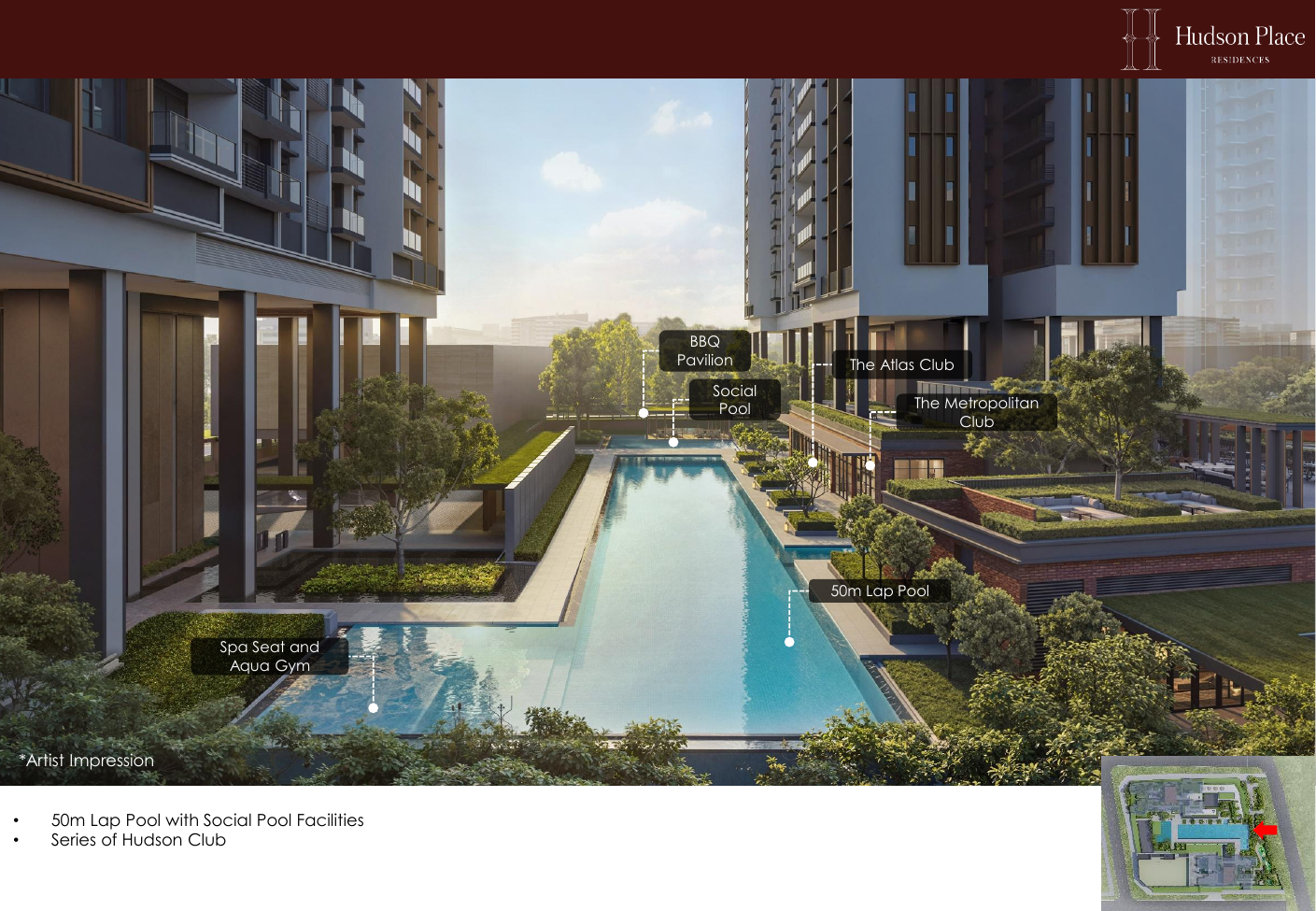 50m lap pool with social pool facilities and Hudson Club series — sunset render