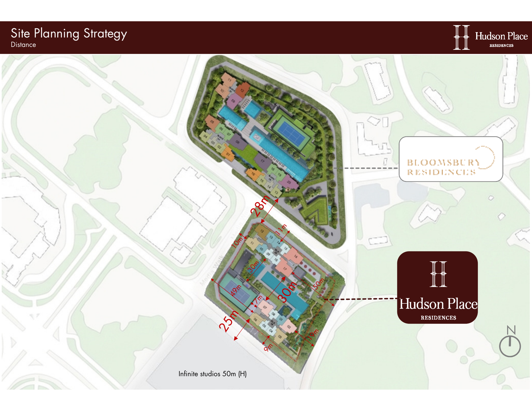 Site planning strategy showing distances to surrounding buildings: Infinite Studios 50m, Wessex Estate, Mediacorp Campus