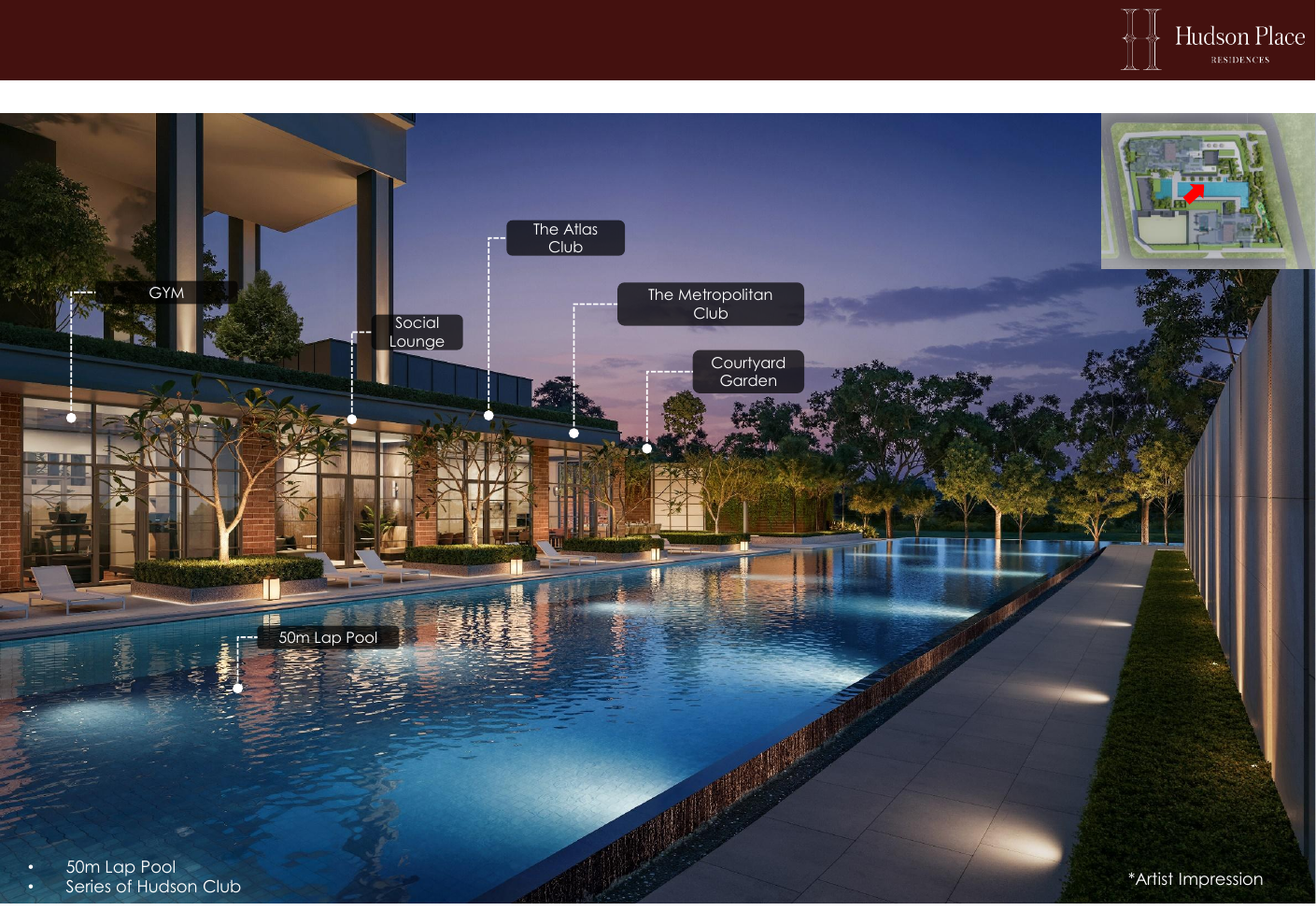 Lap pool sunset perspective with clubhouse blocks at the deep end