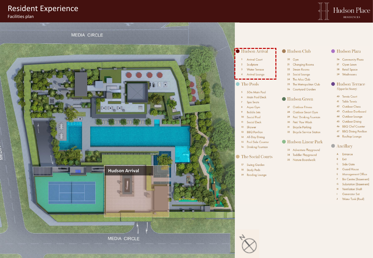 Hudson Place facilities plan with numbered amenity zones