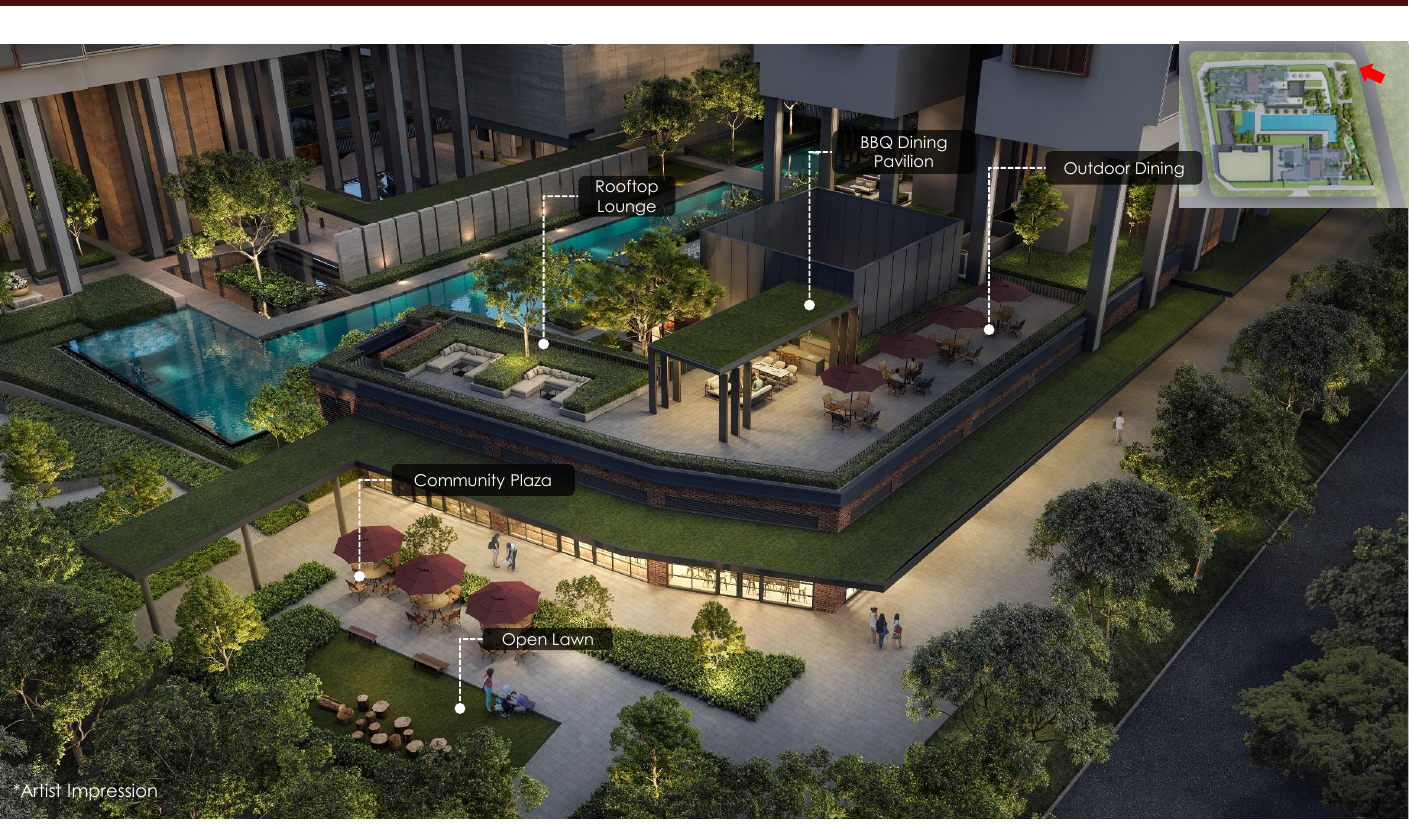 Hudson Place Residences artist impression — Community Plaza perspective with labelled amenities: Rooftop Lounge, BBQ Dining Pavilion, Outdoor Dining, Community Plaza, Open Lawn
