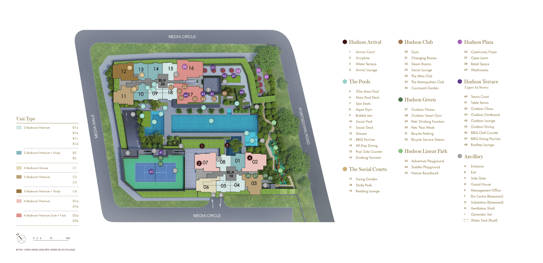 Hudson Place overall site plan with facilities legend — Hudson Arrival, Pools, Plaza, Linear Park, Social Courts, Hudson Club, Hudson Green, Hudson Terrace, Ancillary