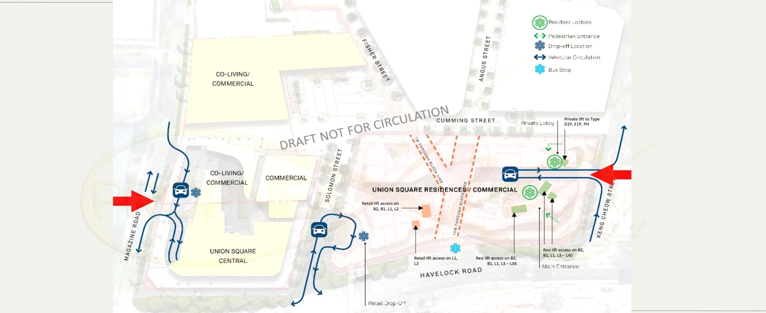 Union Square Residences site plan showing residential tower, office block, co-living block and conservation buildings
